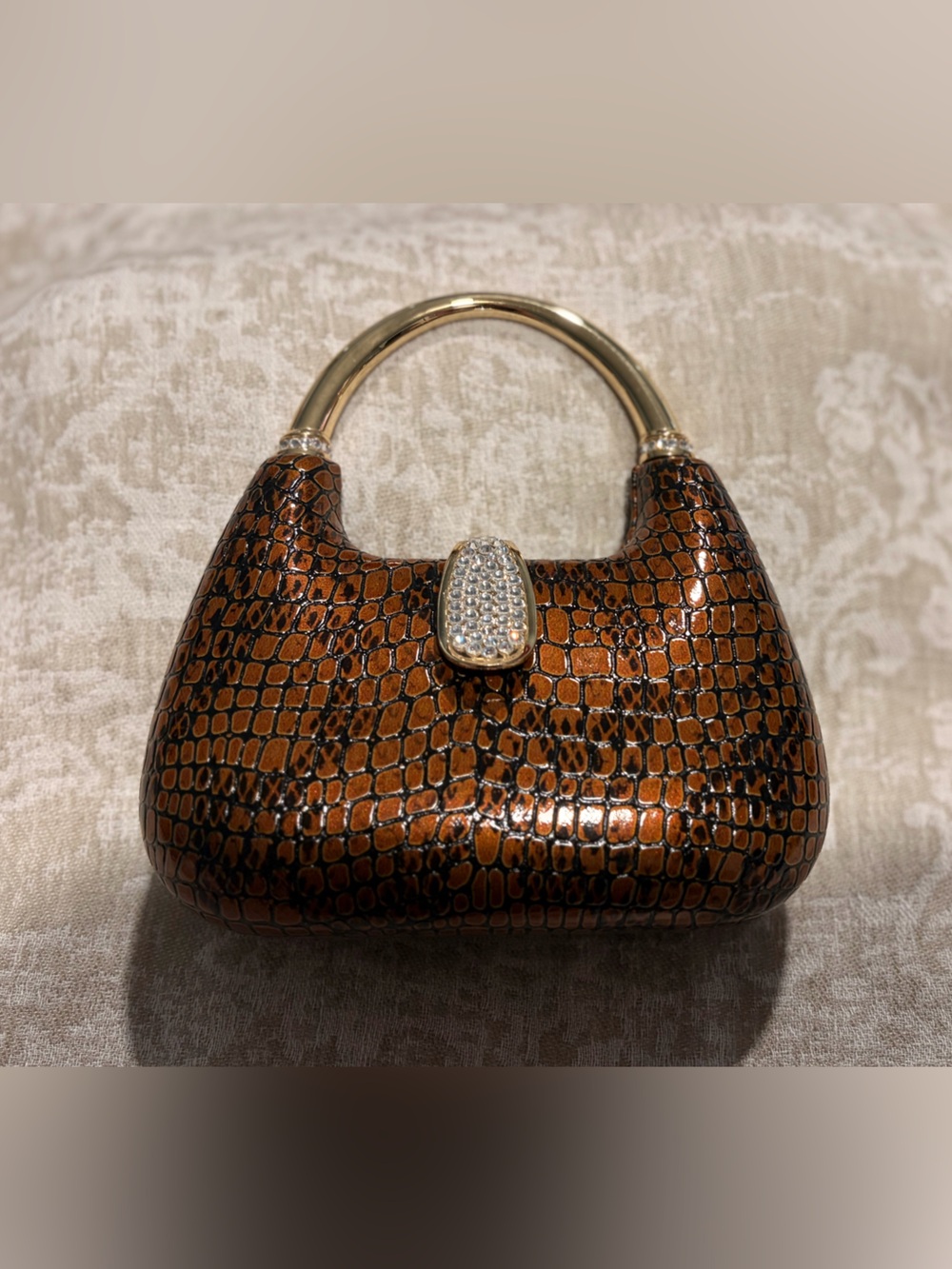 Elegant Brown Croc-Embossed Mini Hard Shell Purse Tote with Gold Handle or Chain